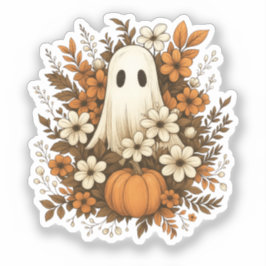 Söt spökfigur med pumpa och höstblommor – Hallowee Klistermärken