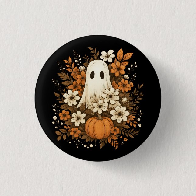 Söt spökfigur med pumpa och höstblommor – Hallowee Knapp (Framsida)