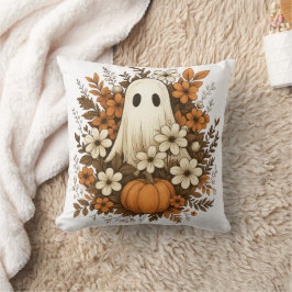 Söt spökfigur med pumpa och höstblommor – Hallowee Kudde