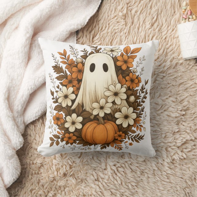 Söt spökfigur med pumpa och höstblommor – Hallowee Kudde (Filt)