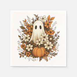 Söt spökfigur med pumpa och höstblommor – Hallowee Pappersservett