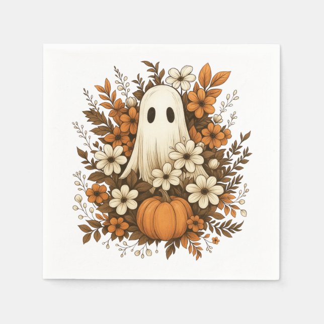 Söt spökfigur med pumpa och höstblommor – Hallowee Pappersservett (Framsidan)