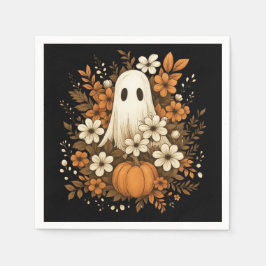 Söt spökfigur med pumpa och höstblommor – Hallowee Pappersservett
