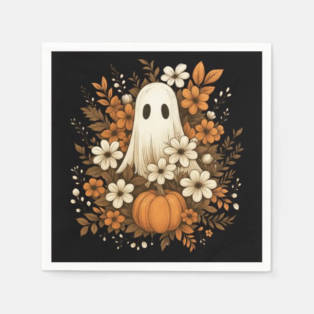 Söt spökfigur med pumpa och höstblommor – Hallowee Pappersservett (Framsidan)