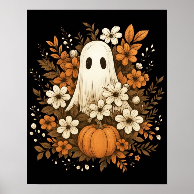 Söt spökfigur med pumpa och höstblommor – Hallowee Poster (Framsidan)