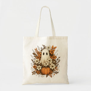 Söt spökfigur med pumpa och höstblommor – Hallowee Tygkasse