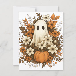Söt spökfigur med pumpa och höstblommor – Hallowee Vykort