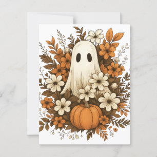 Söt spökfigur med pumpa och höstblommor – Hallowee Vykort