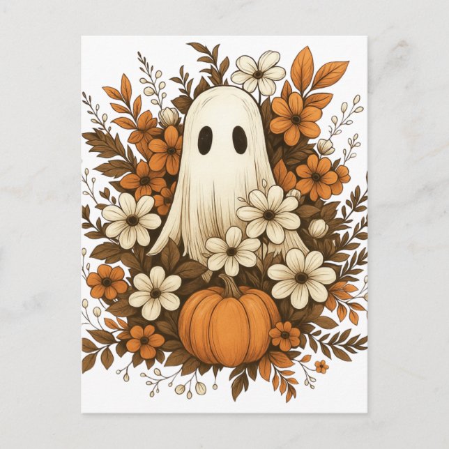Söt spökfigur med pumpa och höstblommor – Hallowee Vykort (Framsida)