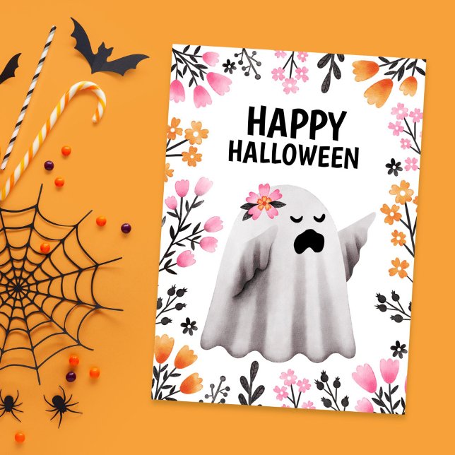 Söt spökhalloween-kort med pastellfärgade blommor julkort (Cute Ghost Halloween Card with Pastel Florals)