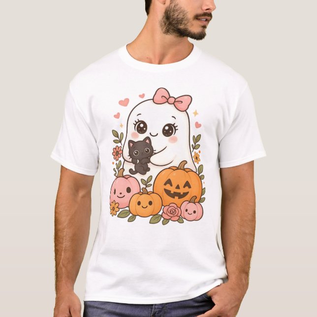 Söt spökhalloween svart katt pumpa höst spöklik t shirt (Framsida)