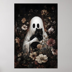 Söt spökhugger svart katt tryck, digital Halloween Poster