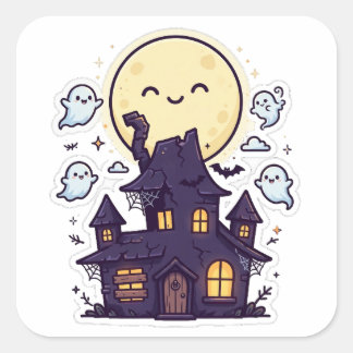 Söt spökhus fullmåne Halloween dekal Fyrkantigt Klistermärke