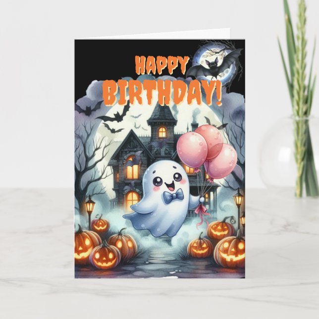 Söt spökhus Halloween födelsedag Helgkort (Framsida)