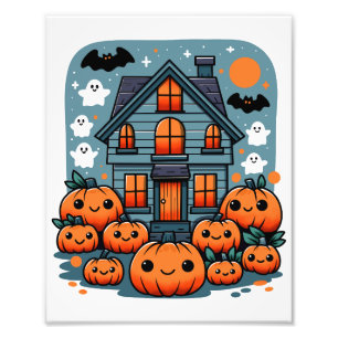 Söt spökhus Halloween-pumpor spöken & fladdermöss Fototryck