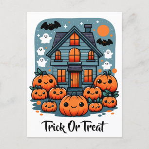 Söt spökhus Halloween-pumpor spöken & fladdermöss Vykort