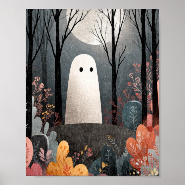 Söt Spökig Spöke Akvarell Halloween Konst Poster (Framsidan)