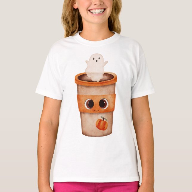 Söt spökkaffekopp barn Halloween T-shirt (Framsida)
