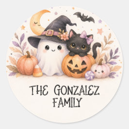 Söt spökkattsfamilj Halloween-dekal Runt Klistermärke