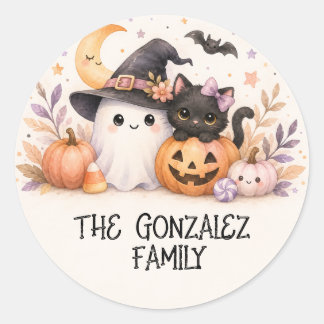 Söt spökkattsfamilj Halloween-dekal Runt Klistermärke