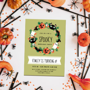 Söt spöklik Halloween-krans grön barnkalas Inbjudningar