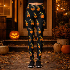 Söt spöklik pumpa häxhatt Halloween Leggings