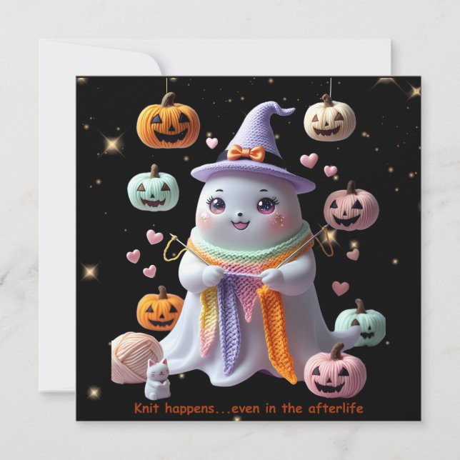 Söt spökstickning Halloween-inbjudan dekal Inbjudningar (Framsida)