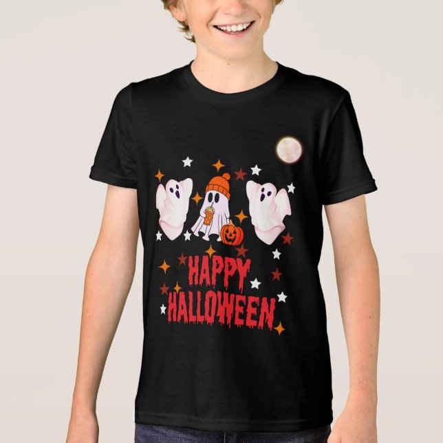 Söt spöktrio Glad Halloween Halv ärm T Shirt (Framsida)