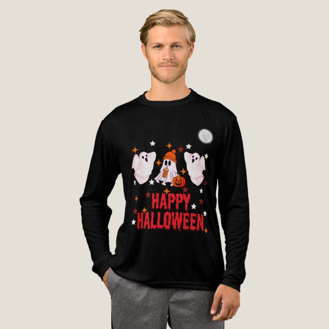 Söt spöktrio Glad Halloween Långärmad T Shirt (Hel framsida)