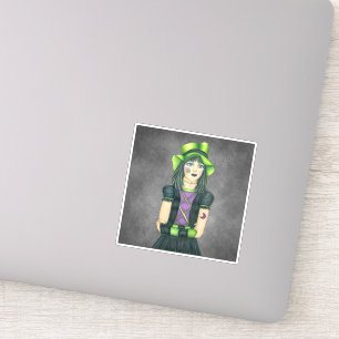 Söt Spooky Halloween Girl Grönt Hat Tattoo Grått Klistermärken