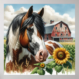 Söt Spoted Horse and Rustic Barn Poster
