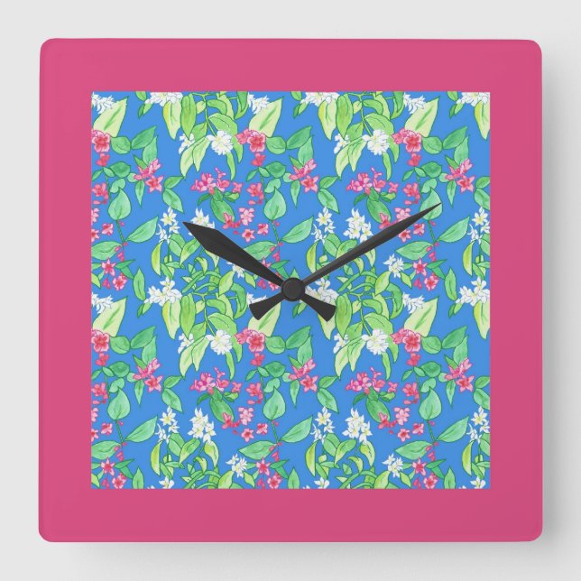 Söt Square Wall Clock, Vår Blommar, Rosa Fyrkantig Klocka (Framsida)