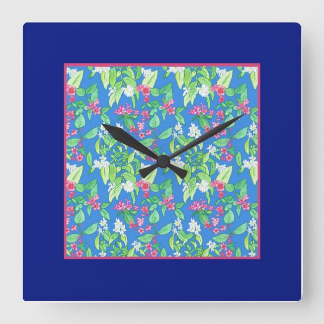 Söt Square Wall Clock, Vår Blommars, Blue Fyrkantig Klocka (Framsida)