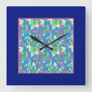 Söt Square Wall Clock, Vår Blommars, Blue Fyrkantig Klocka