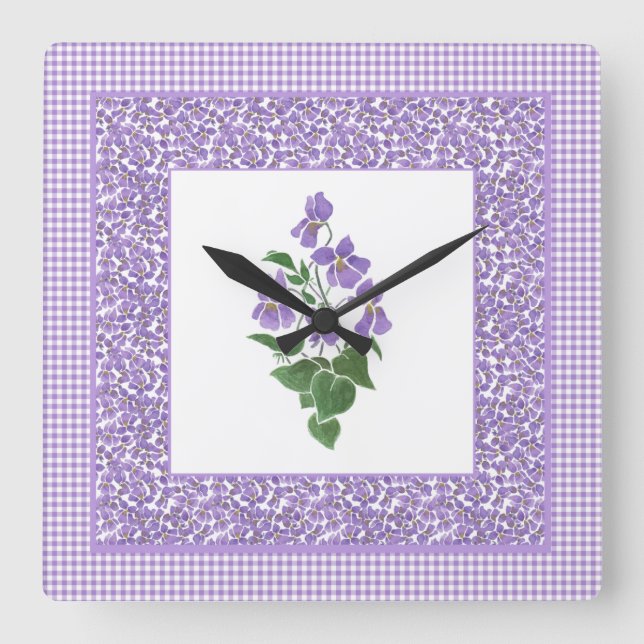 Söt Square Wall Clock Violets och Check Gingham Fyrkantig Klocka (Framsida)