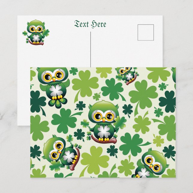 Söt St Patrick Cartoon för Ugglor Helg Vykort (Fram/baksida)