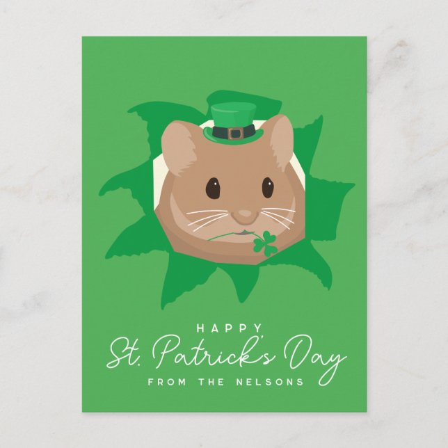 Söt St. Patricks dag-hamster som tittar genom hål Vykort (Framsida)