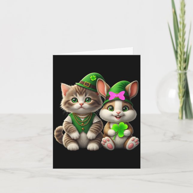 Söt St. Patricks dag katt och kanin tee barn pojka Kort (Framsida)