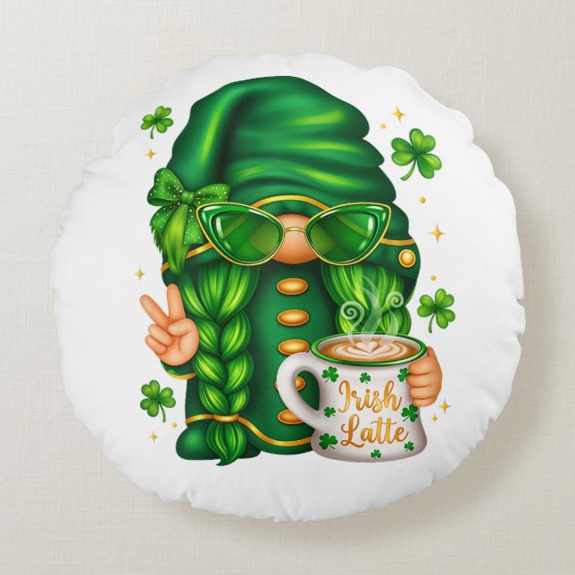 Söt St Patricks Day Tomte Dricker Kaffe Rund Kudde (Framsidan)