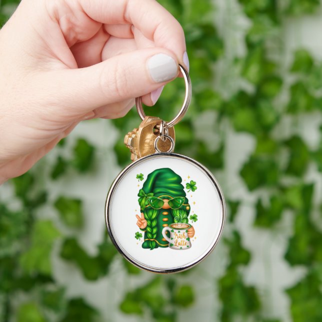 Söt St Patricks Day Tomte Dricker Kaffe Rund Silverfärgad Nyckelring (Hand)