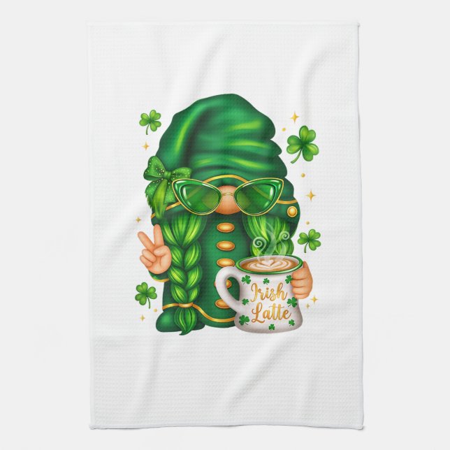 Söt St Patricks Day Tomte som Dricker Kaffe Kökshandduk (Vertikal)