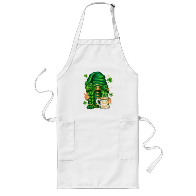 Söt St. Patricks Day Tomte som dricker kaffe Långt Förkläde (Framsidan)