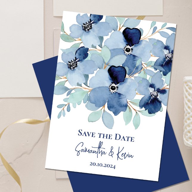 Söt Stale Blue Blommigt Bröllop spara datum (Pretty Stale Blue Floral Wedding Save The Date Invitation)