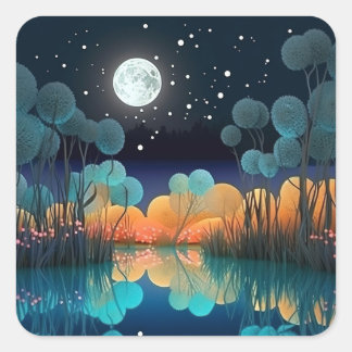 Söt Starry Himlar Full Moon Sjö Scene Fyrkantigt Klistermärke