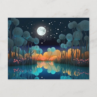 Söt Starry Himlar Full Moon Sjö Scene Vykort