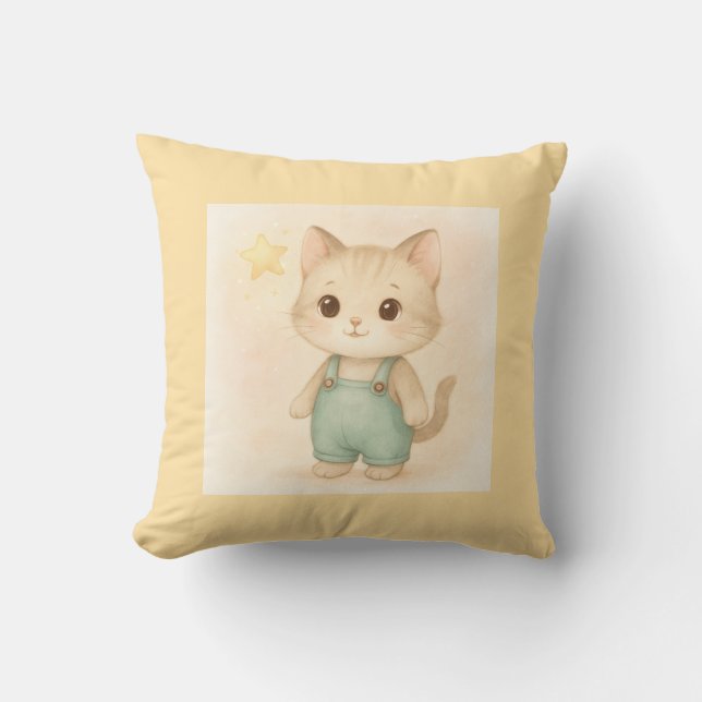 Söt Starry Kitten i Overalls - Cute Nursery Pil Kudde (Framsida)