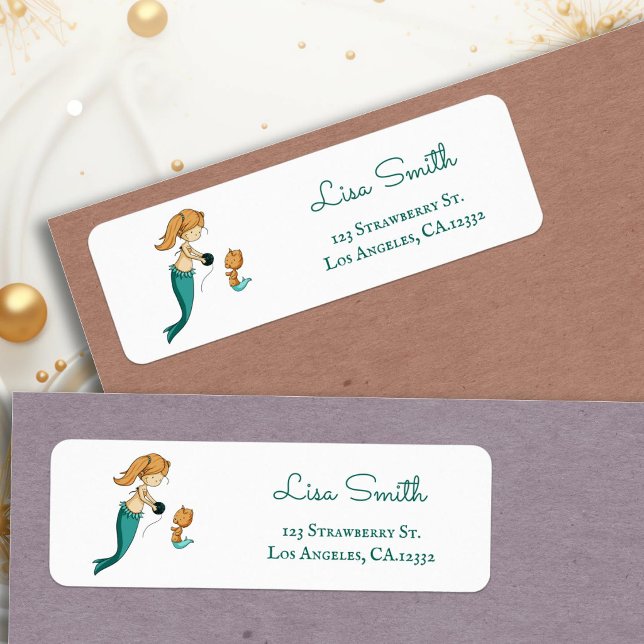 Söt Stickande Sjövittskatt Returadress Etikett (Cute Knitter Mermaid Cat Return Address Label by Kinda Cute by Patricia Alvarez)