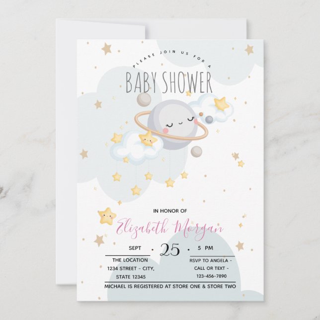 Söt stjärna planet moln baby shower  inbjudningar (Framsida)