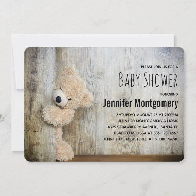 Söt stoppad björn rustik träbakgrund Baby Shower Inbjudningar (Framsida)