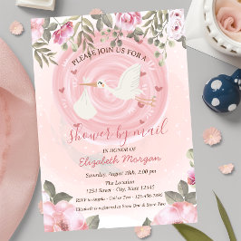 Söt stork akvarell blommor baby shower inbjudningar